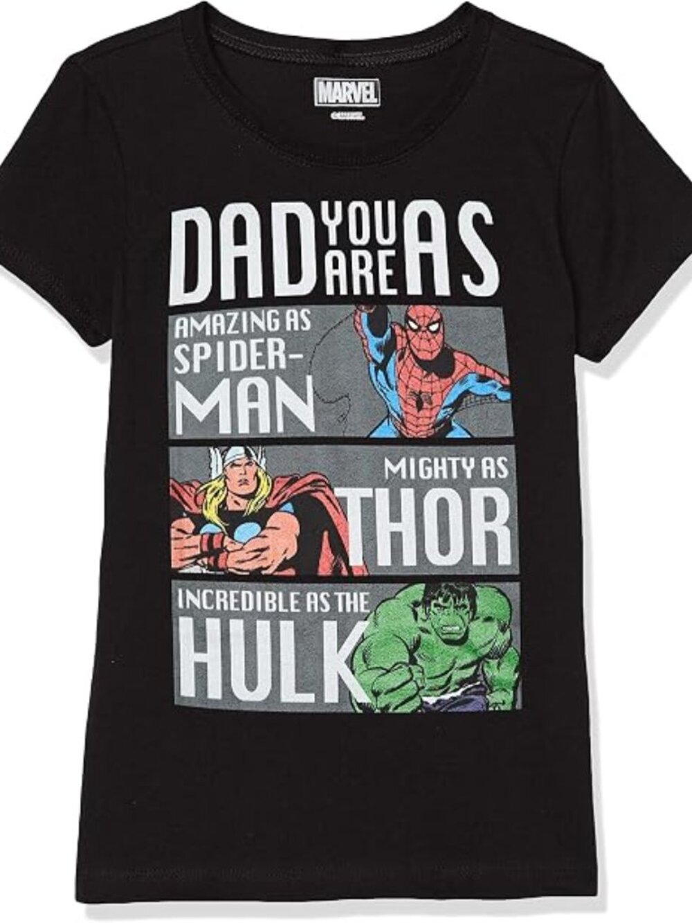 MARVEL Girls Black T-Shirt XS 3/4 Dad You Are As SPIDER-MAN Hulk THOR NEW Tee